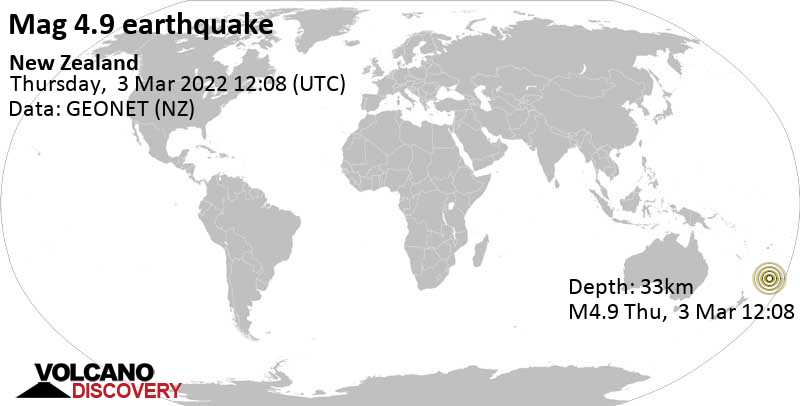 Moderates Erdbeben der Stärke 4.9 - South Pacific Ocean, Neuseeland, am Donnerstag,  3. Mär 2022 um 00:08 Lokalzeit