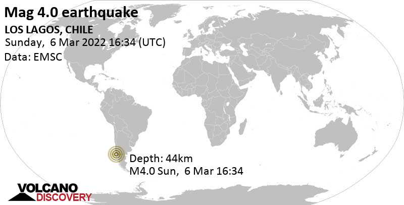 Séisme faible mag. 4.0 - 24 km au sud de Osorno, Los Lagos, Chili, dimanche,  6 mars 2022 13:34 (GMT -3)