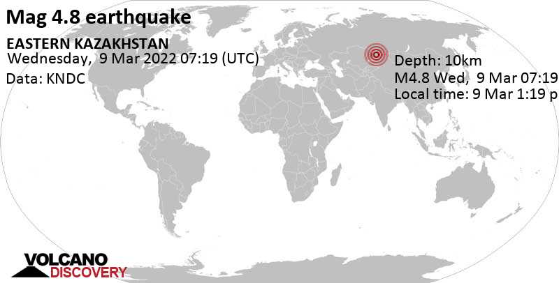Μέτριος σεισμός μεγέθους 4.8 - 74 km νοτιοδυτικά από Ust-Kamenogorsk, Καζακστάν, Τετάρτη,  9 Μαρ 2022 13:19 (GMT +6)