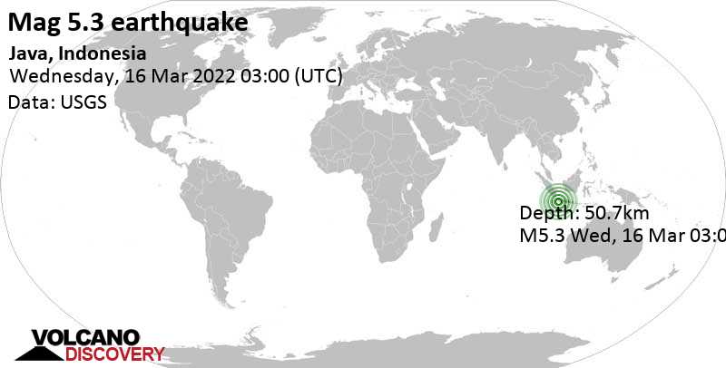 Terremoto moderado mag. 5.3 - Indian Ocean, 81 km S of Sukabumi, West Java, Indonesia, miércoles, 16 mar 2022 10:00 (GMT +7)