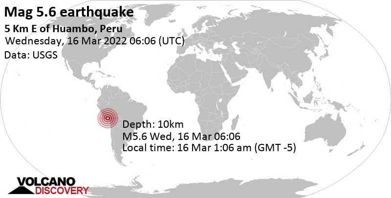Tremblement de terre fort magnitude 5.6 - 93 km au nord-ouest de Arequipa, Pérou, mercredi, 16 mars 2022 01:06 (GMT -5)