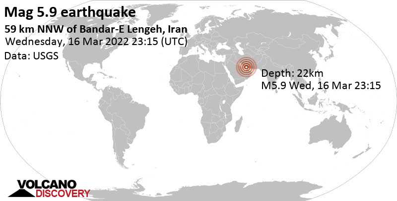 Strong mag. 5.8 earthquake - 57 km northwest of Bandar-e Lengeh, Hormozgan, Iran, on Thursday, Mar 17, 2022 at 2:45 am (GMT +3:30)