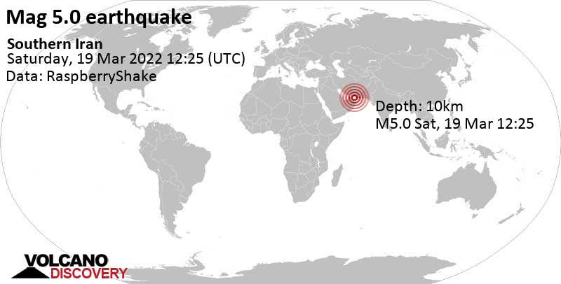 Tremblement de terre fort magnitude 5.0 - Kerman, 196 km à l\'ouest de Chabahar, Sistan and Baluchestan, Iran, samedi, 19 mars 2022 15:55 (GMT +3:30)