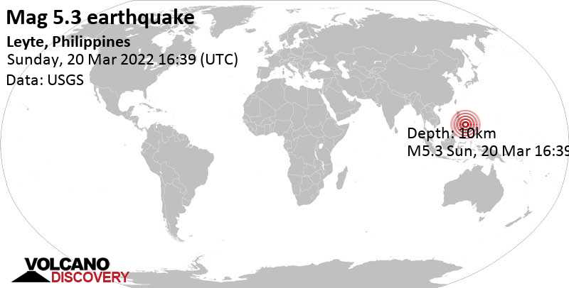 Starkes Beben der Stärke 5.3 - Leyte Island, 30 km östlich von Ormoc, Philippinen, am Montag, 21. Mär 2022 um 00:39 Lokalzeit