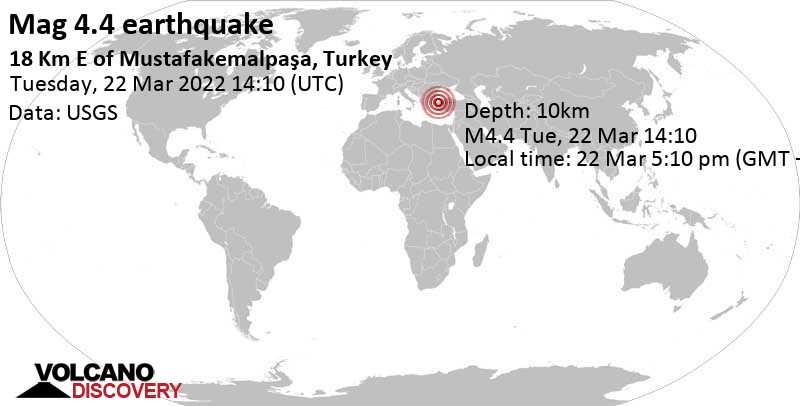 Terremoto moderado mag. 4.4 - 18 km ENE of Mustafakemalpaşa, Bursa, Turkey, martes, 22 mar 2022 17:10 (GMT +3)