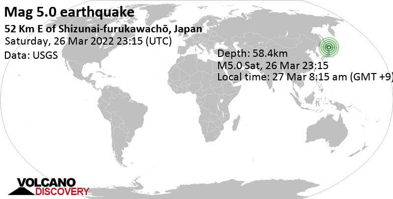 Terremoto moderado mag. 5.0 - 65 km SSW of Obihiro, Hokkaido, Japan, domingo, 27 mar 2022 08:15 (GMT +9)