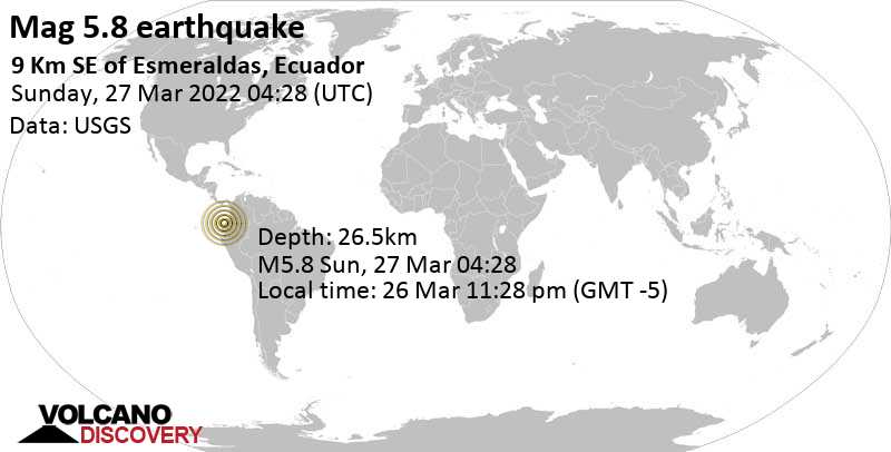 Starkes Beben der Stärke 5.8 - 9.1 km südöstlich von Esmeraldas, Ecuador, am Samstag, 26. Mär 2022 um 23:28 Lokalzeit