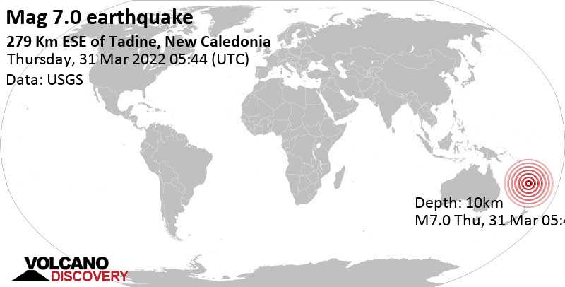 Schweres Erdbeben der Stärke 7.0 - South Pacific Ocean, Neukaledonien, am Donnerstag, 31. Mär 2022 um 16:44 Lokalzeit