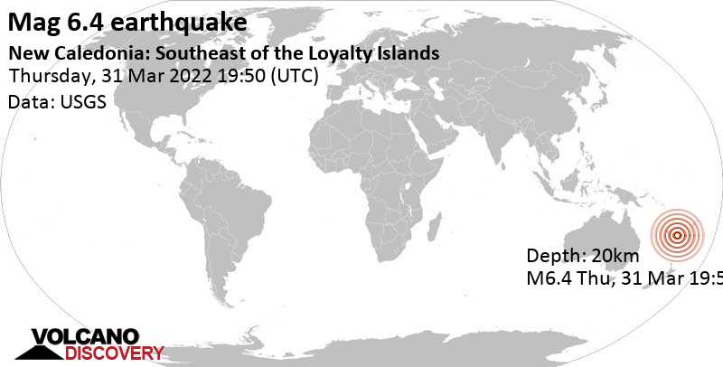 Sehr starkes Beben der Stärke 6.4 - South Pacific Ocean, Neukaledonien, am Freitag,  1. Apr 2022 um 06:50 Lokalzeit