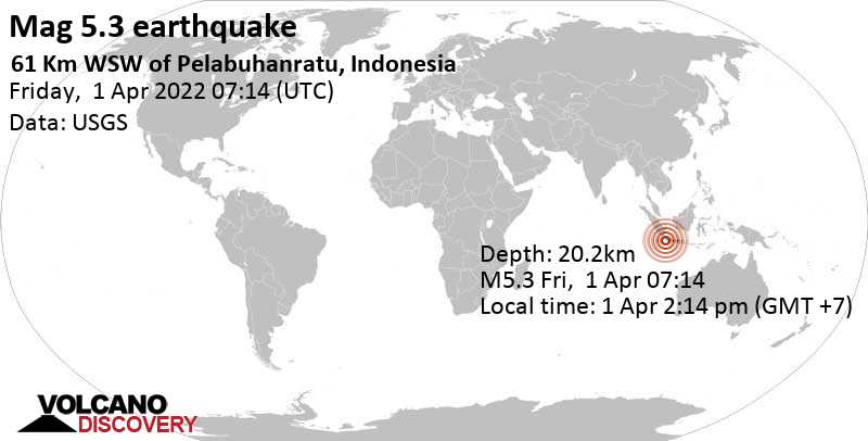 Starkes Beben der Stärke 5.3 - Indischer Ozean, 61 km südwestlich von Pelabuhanratu, Jawa Barat, Indonesien, am Freitag,  1. Apr 2022 um 14:14 Lokalzeit