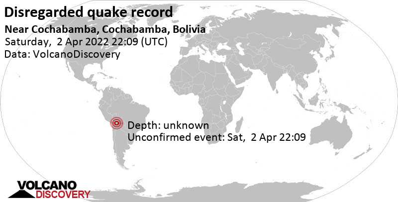 Événement inconnu (à l\'origine signalé comme tremblement de terre): 34 km au sud-est de Cochabamba, Bolivie, samedi,  2 avril 2022 18:09 (GMT -4)