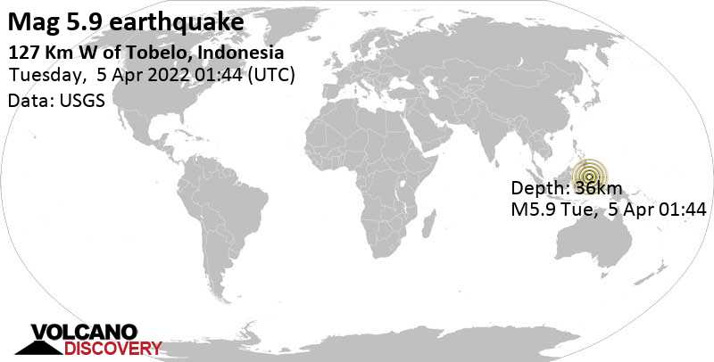 5.9 quake Molucca Sea, 140 km northwest of Ternate, North Maluku, Indonesia, Apr 5, 2022 10:44 am (GMT +9)