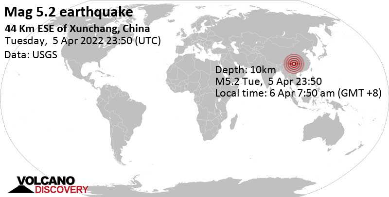Fuerte terremoto magnitud 5.2 - 44 km ESE of Xunchang, Sichuan, China, miércoles,  6 abr 2022 07:50 (GMT +8)