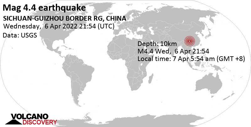 Terremoto moderado mag. 4.4 - 60 km ESE of Xunchang, Sichuan, China, jueves,  7 abr 2022 05:54 (GMT +8)