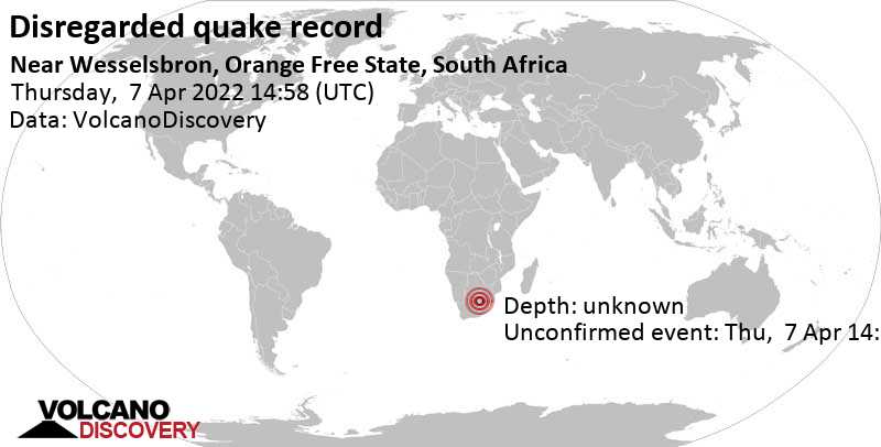 Reported seismic-like event (likely no quake): 31 km southwest of Wesselsbron, South Africa, Thursday, Apr 7, 2022 at 4:58 pm (GMT +2)