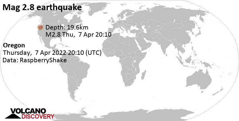Weak mag. 2.8 earthquake - 14 mi south of Lebanon, Linn County, Oregon, USA, on Thursday, Apr 7, 2022 at 1:10 pm (GMT -7)