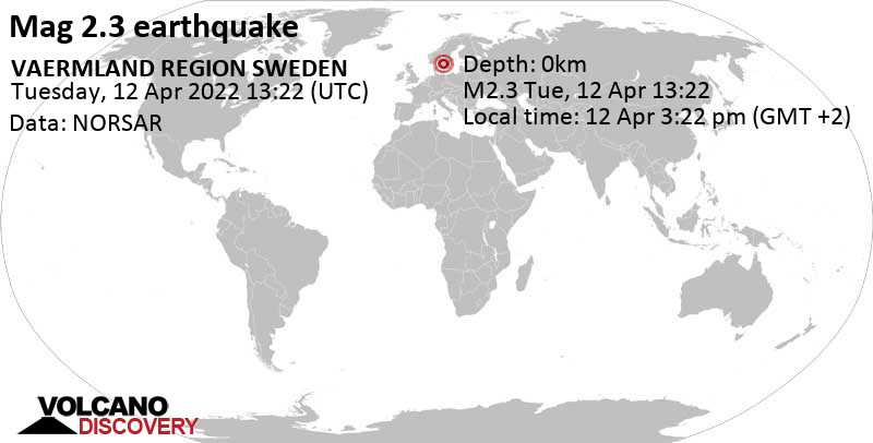 Слабое землетрясение маг. 2.3 - 5.5 km к северу от Фальчёпинг, Швеция, Вторник, 12 апр 2022 15:22 (GMT +2)