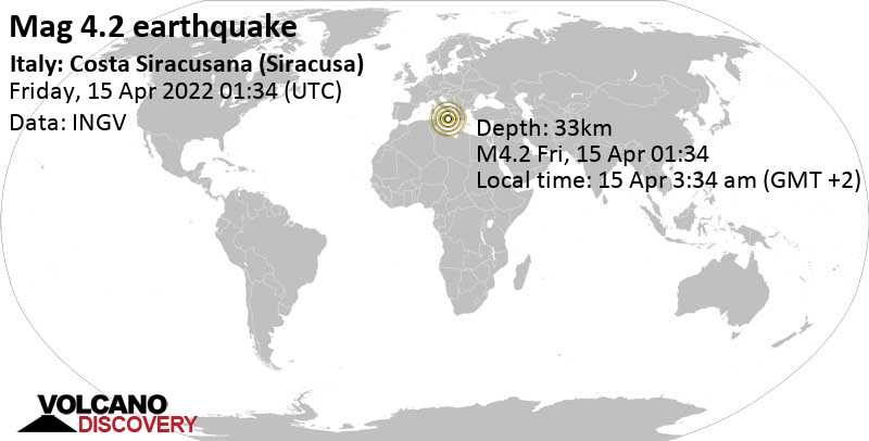 Terremoto leve mag. 4.2 - Ionian Sea, 42 km NE of Syracuse, Sicily, Italy, viernes, 15 abr 2022 03:34 (GMT +2)
