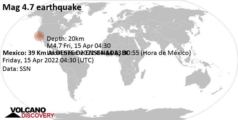 Moderates Erdbeben der Stärke 4.7 - Nordpazifik, 40 km westlich von Ensenada, Baja California, Mexiko, am Donnerstag, 14. Apr 2022 um 21:30 Lokalzeit