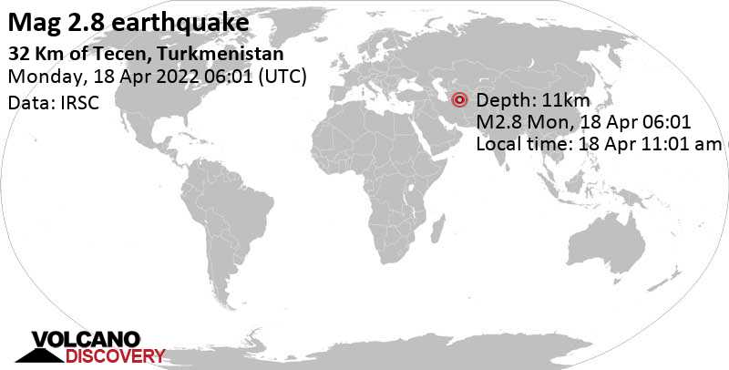 Αδύναμος σεισμός μεγέθους 2.8 - 33 km νοτιοδυτικά από Tejen, Τουρκμενιστάν, Δευτέρα, 18 Απρ 2022 11:01 (GMT +5)