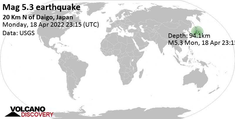 Moderate mag. 5.3 earthquake - 47 km west of Iwaki, Fukushima, Japan, on Tuesday, Apr 19, 2022 at 8:15 am (GMT +9)