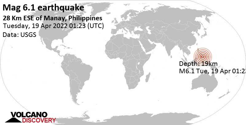 Terremoto muy fuerte magnitud 6.1 - Philippine Sea, 46 km E of Manay, Province of Davao Oriental, Philippines, martes, 19 abr 2022 09:23 (GMT +8)