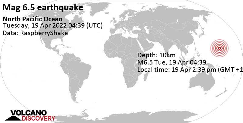 6.5 quake North Pacific Ocean Apr 19, 2022 2:39 pm (GMT +10)