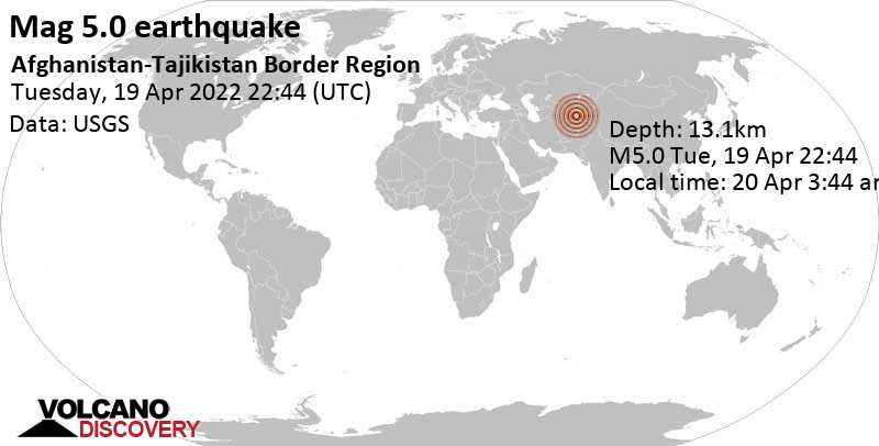 Fuerte terremoto magnitud 5.0 - 22 km SSE of Rasht, Republican Subordination, Tajikistan, miércoles, 20 abr 2022 03:44 (GMT +5)