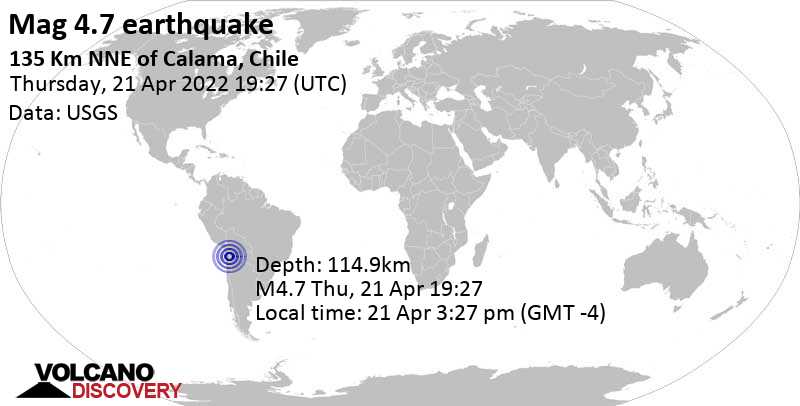 Light mag. 4.7 earthquake - 136 km northeast of Calama, Provincia de El Loa, Antofagasta, Chile, on Thursday, Apr 21, 2022 at 3:27 pm (GMT -4)