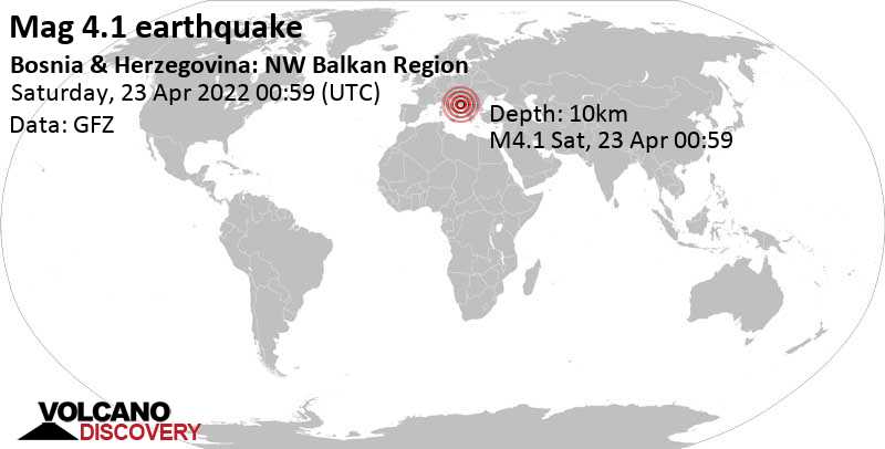 Terremoto moderato mag. 4.1 - 37 km a sud da Mostar, Livno Canton, Federation of B&H, Bosnia ed Erzegovina, sabato, 23 apr 2022 02:59 (GMT +2)