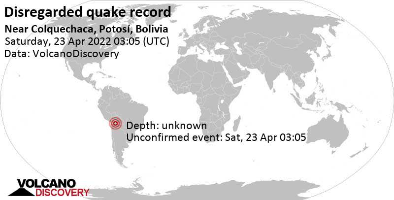 Reported seismic-like event (likely no quake): Departamento de Potosi, 87 km northwest of Sucre, Chuquisaca, Bolivia, Friday, Apr 22, 2022 at 11:05 pm (GMT -4)