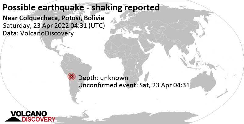 Sismo o evento similar a un terremoto reportado: 8.1 km al oeste de Colquechaca, Departamento de Potosí, Bolivia, sábado, 23 abr 2022 00:31 (GMT -4)