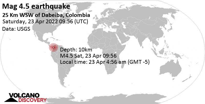 Μέτριος σεισμός μεγέθους 4.5 - 25 km νοτιοδυτικά από Dabeiba, Antioquia, Κολομβία, Σάββατο, 23 Απρ 2022 04:56 (GMT -5)