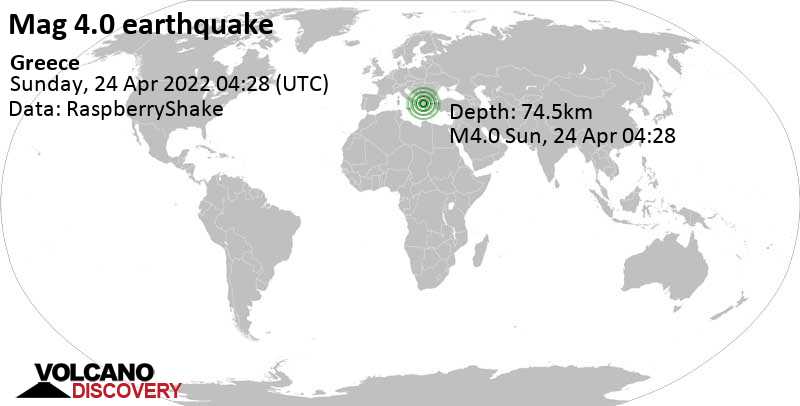 Terremoto leve mag. 4.0 - Thessaly, 47 km ESE of Ioannina, Epirus, Greece, domingo, 24 abr 2022 07:28 (GMT +3)