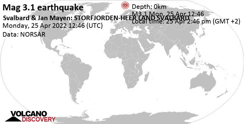 Слабое землетрясение маг. 3.1 - 114 km к югу от Лонгйир, Spitsbergen, Шпицберген, Понедельник, 25 апр 2022 14:46 (GMT +2)