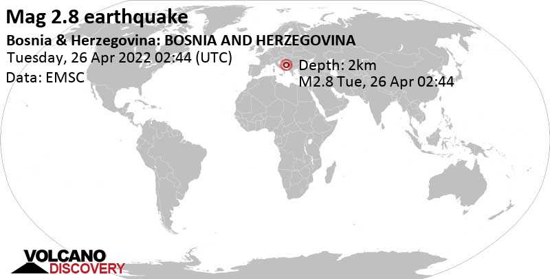 Séisme faible mag. 2.8 - République serbe de Bosnie, 41 km au sud-est de Mostar, Bosnie-Herzégovine, mardi, 26 avril 2022 04:44 (GMT +2)