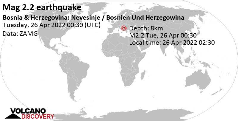 Schwaches Erdbeben Stärke 2.2 - Bosnia Serb Republic, 21 km östlich von Mostar, Föderation Bosnien und Herzegowina, am Dienstag, 26. Apr 2022 um 02:30 Lokalzeit