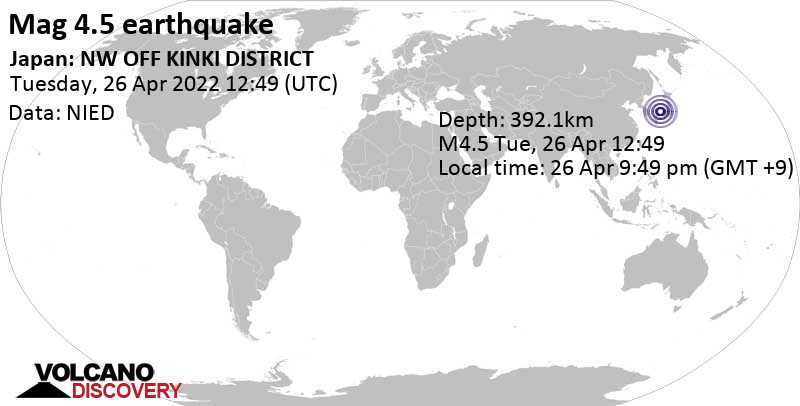 Light mag. 4.5 earthquake - Japan Sea, 91 km north of Maizuru, Kyoto, Japan, on Tuesday, Apr 26, 2022 at 9:49 pm (GMT +9)