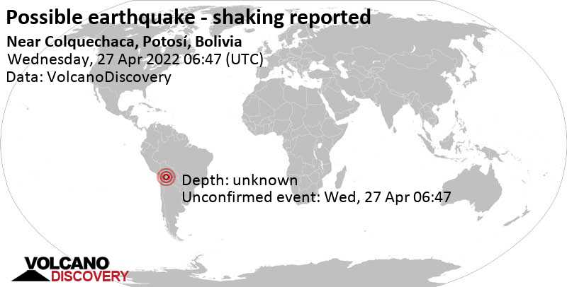 Séisme signalé ou événement semblable à un séisme: Potosí, 86 km au nord-ouest de Sucre, Chuquisaca, Bolivie, mercredi, 27 avril 2022 02:47 (GMT -4)