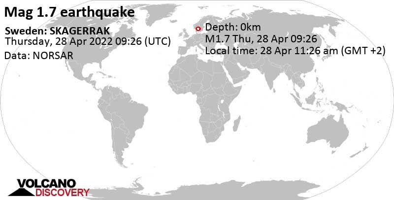 Séisme mineur mag. 1.7 - 48 km au nord-ouest de Göteborg, Suède, jeudi, 28 avril 2022 11:26 (GMT +2)