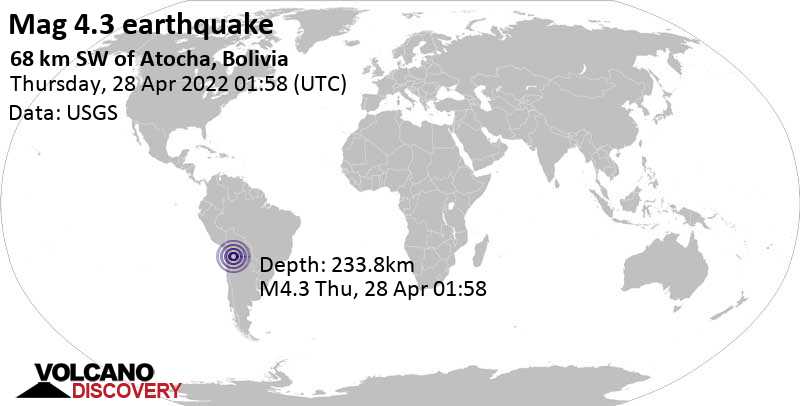 Light mag. 4.3 earthquake - 99 km west of Tupiza, Sud Chichas, Departamento de Potosi, Bolivia, on Wednesday, Apr 27, 2022 at 9:58 pm (GMT -4)