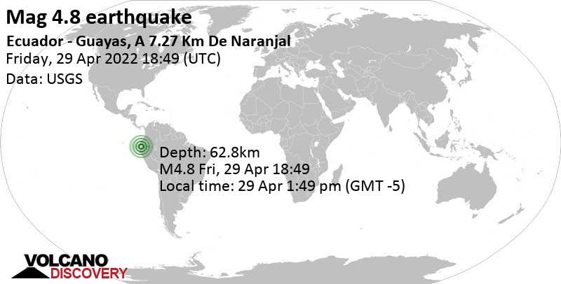 Ελαφρύς σεισμός μεγέθους 4.8 - Provincia del Azuay, 20 km νοτιοανατολικά από Naranjal, Ισημερινός, Παρασκευή, 29 Απρ 2022 13:49 (GMT -5)
