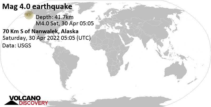 Слабое землетрясение маг. 4.0 - Аляска, Соединенные Штаты, Пятница, 29 апр 2022 21:05 (GMT -8)