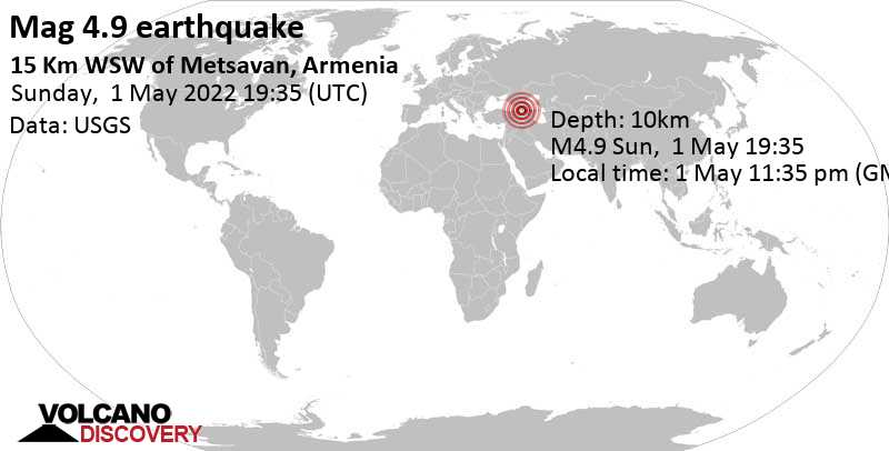 Moderate mag. 4.9 earthquake - Lori, 42 km northeast of Gyumri, Shirak, Armenia, on Sunday, May 1, 2022 at 11:35 pm (GMT +4)