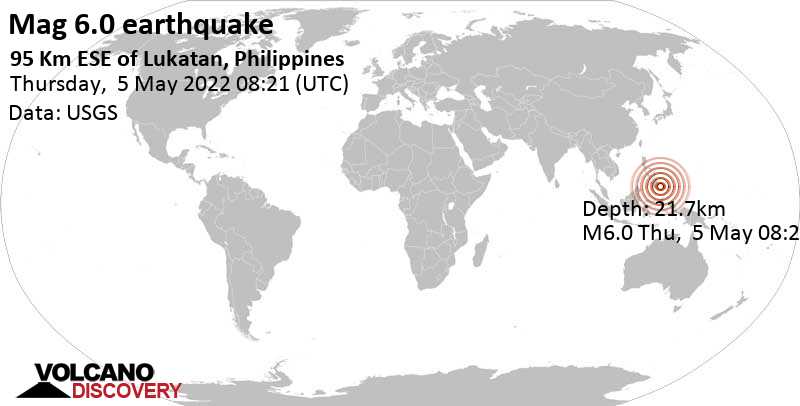 Terremoto muy fuerte magnitud 6.0 - Philippine Sea, 112 km ESE of Mati, Province of Davao Oriental, Philippines, jueves,  5 may 2022 16:21 (GMT +8)
