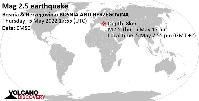 Schwaches Erdbeben Stärke 2.5 - Bosnia Serb Republic, 44 km südöstlich von Mostar, Föderation Bosnien und Herzegowina, am Donnerstag,  5. Mai 2022 um 19:55 Lokalzeit