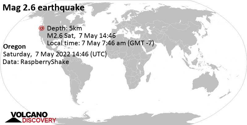 Weak mag. 2.6 earthquake - 10.6 mi south of Corvallis, Benton County, Oregon, USA, on Saturday, May 7, 2022 at 7:46 am (GMT -7)
