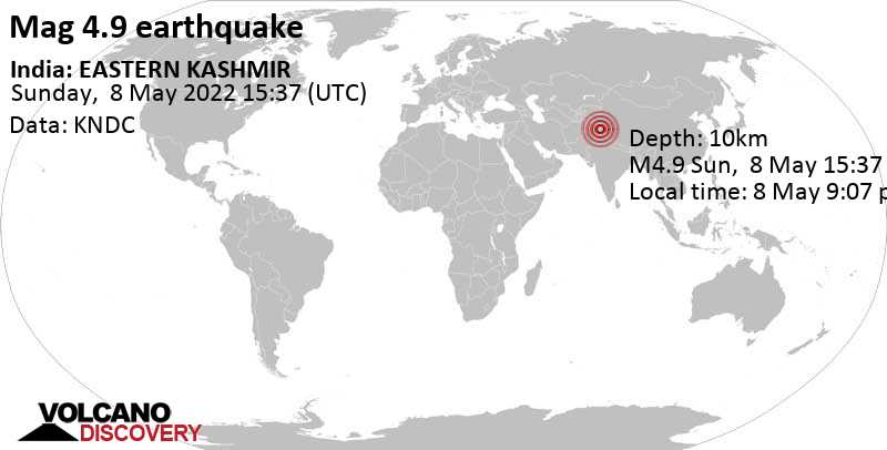 Séisme modéré mag. 4.9 - 49 km à l\'ouest de Leh, Ladakh, Inde, dimanche,  8 mai 2022 21:07 (GMT +5:30)