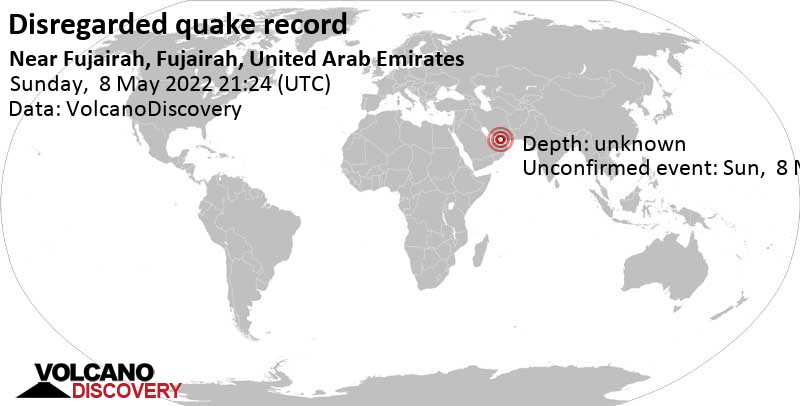 Unbekanntes (usrprünglich als Erdbeben) gemeldetes Ereignis: 0.8 km südlich von Khor Fakkan City, Sharjah, Vereinigte Arabische Emirate, am Montag,  9. Mai 2022 um 01:24 Lokalzeit