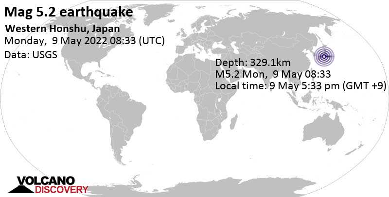 Moderates Erdbeben der Stärke 5.2 - Philippine Sea, 19 km nordöstlich von Ise, Mie, Japan, am Montag,  9. Mai 2022 um 17:33 Lokalzeit